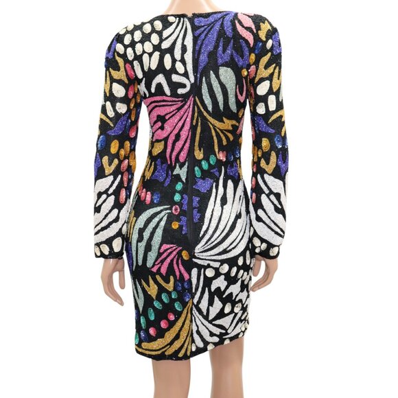 EXTRAORDINARY Vintage ART DECO Sequin Abstract Mini PARTY Dress Long Sleeve S - Picture 9 of 12